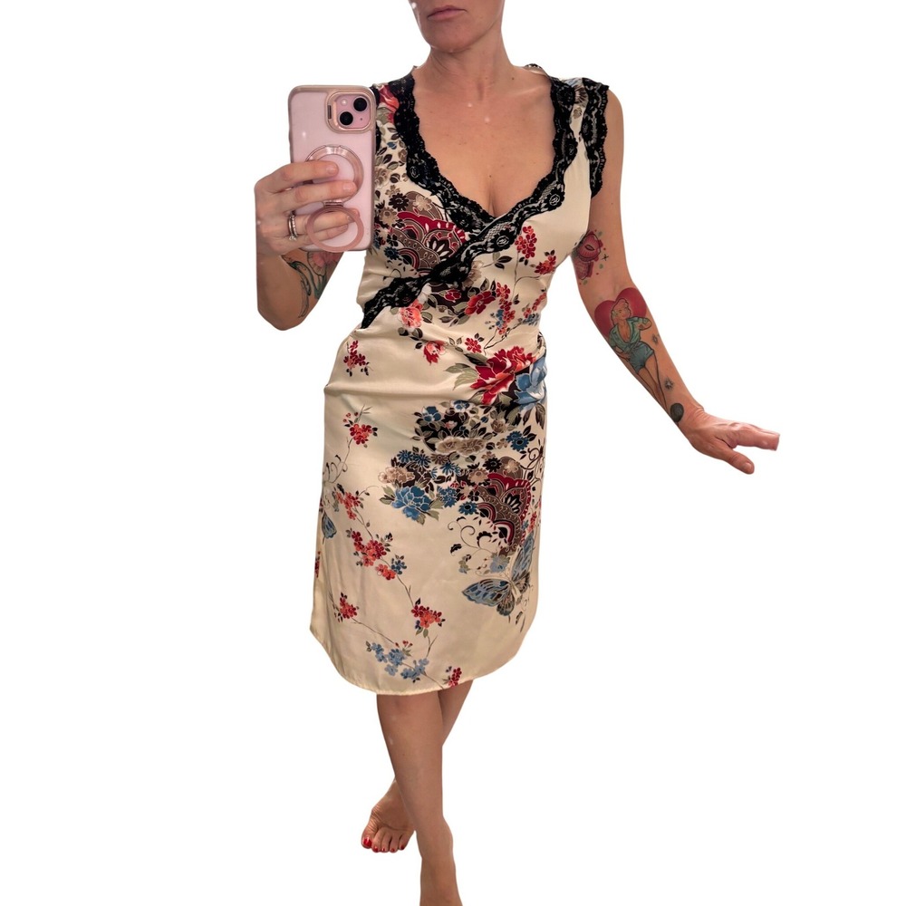 Vintage Floral Lace Trim Slip Dress Small Butterfly Mulitcolor